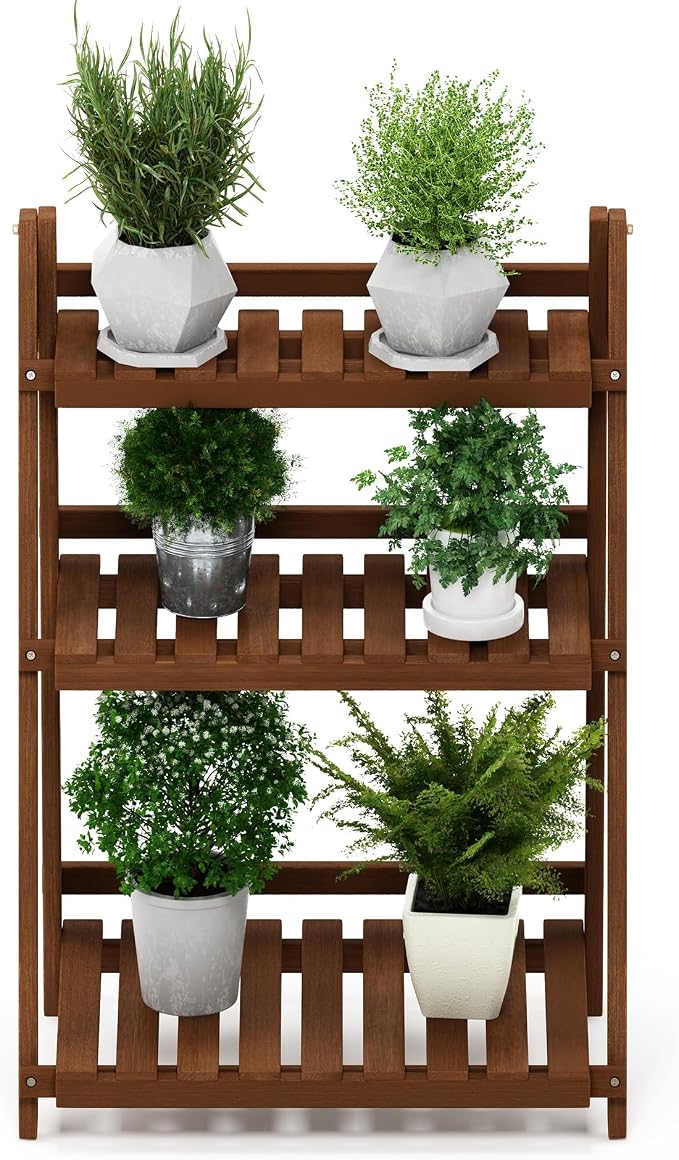 Furinno TIOMAN Plant Stand Outdoor, 3-Tier Ladder Plant Shelf, Tiered Plant Stand Indoor, Outdoor, Patio, Garden, Balcony, Light Wood