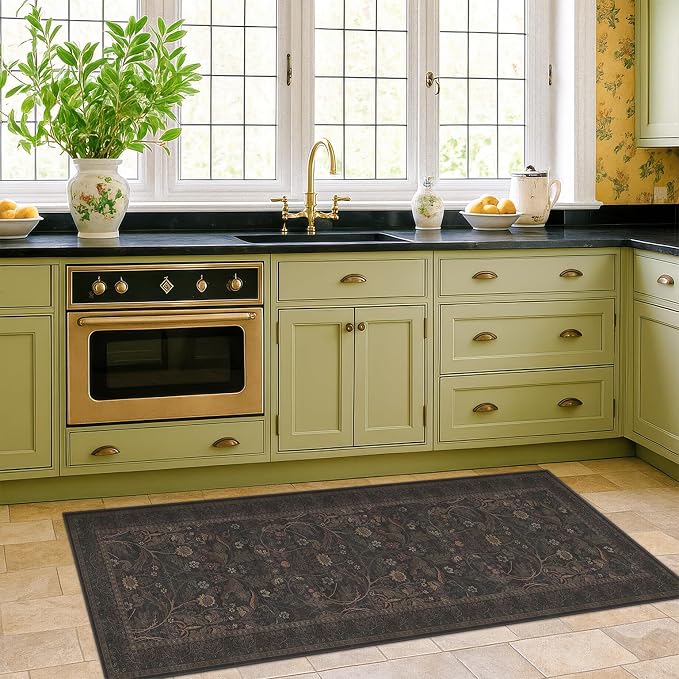2x5 Small Runner Rug for Kitchen - Non Slip Brown Throw Rugs for Entryway, Laundry, Bathroom, Southwestren Floral Cabin Bedroom, Hallway Thin Stain Resistant Carpet