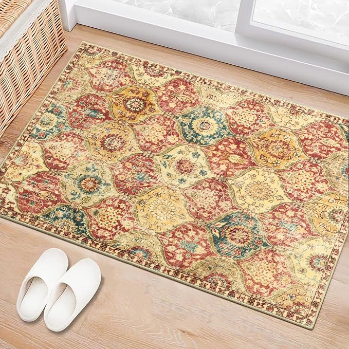 Lahome Moroccan Trellis Washable Rug, 2x3 Bathroom Rugs for Kitchen Entryway, Non-Slip Indoor Door Mat Ultra-Thin, Small Oriental Throw Carpet for Bedroom Entry Elise, Red/Orange