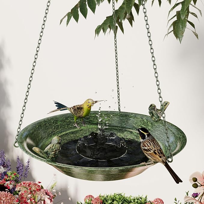 12'' Metal Hanging Bird Bath with Solar Fountain, Vintage Bird Bath Bowl, Bird Feeder with Bird Bath Bubbler for Outdoors, Garden, Patio Decor (Bronze Green)