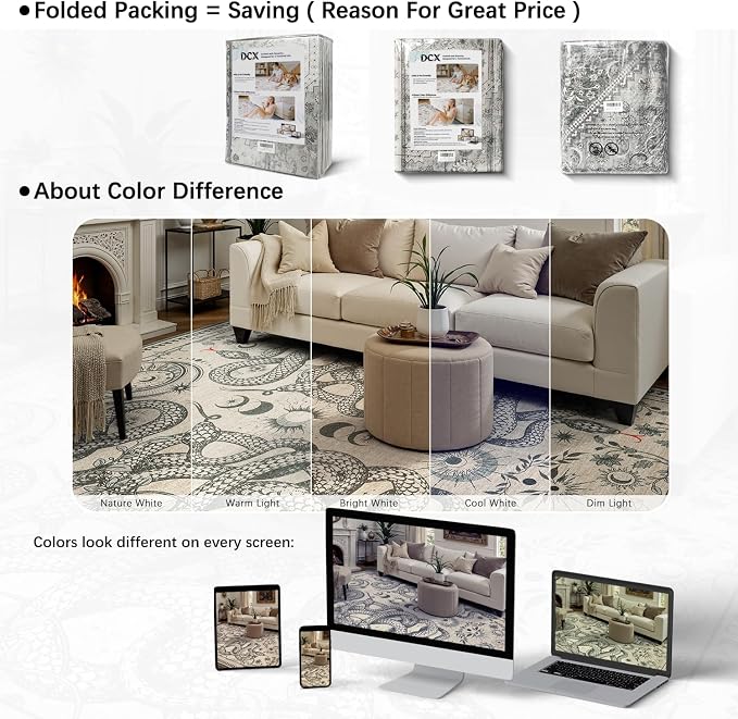 DCX 8x10 Washable Snake Rug for Living Room, Non Slip Low Pile Rug, Beige | Rugs for living rooms, bedroom, dining room, office, soft, gothic rug, sain resistant indoor carpet, home decor