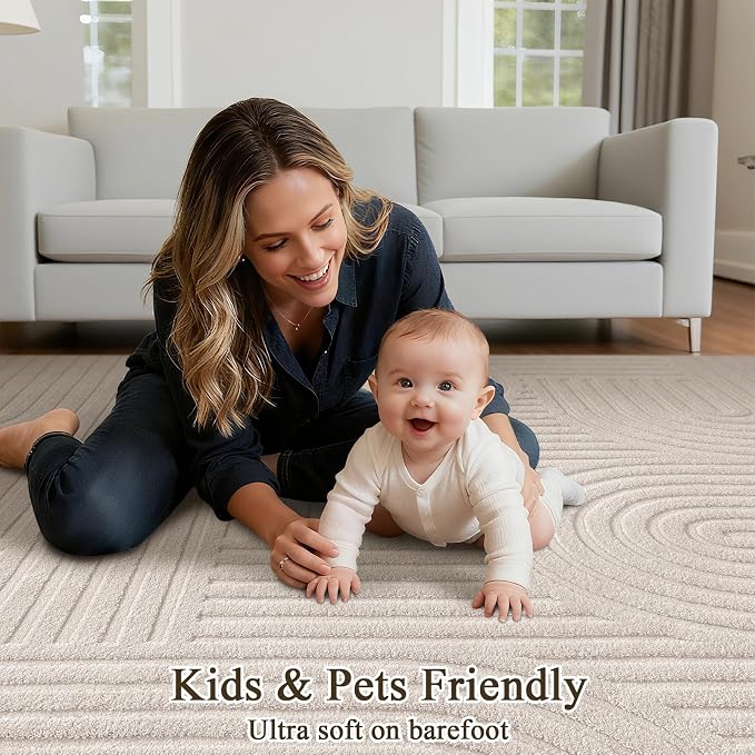SHACOS Soft Cozy Fluffy Arch Pattern High Low Pile Runner Rugs 2'x6' Non Slip Washable Scandinavian Minimalist Rug Modern Geometric Arc Carpet for Living Room Bedroom Bathroom, Beige