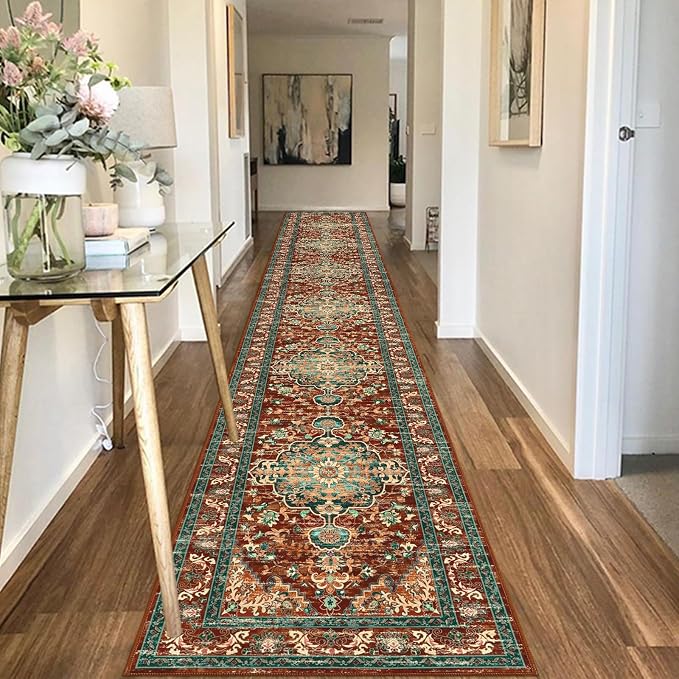 U'Artlines 2' x 14' Boho Hallway Runner Rug, Washable Carpet, Rust＆Teal | Non Slip, Vintage Farmhouse Accent Area Rug Carpet, for Kitchen Entryway Laundry and Living Room