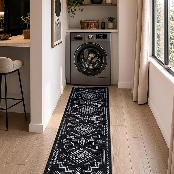 STARUIA Washable Kitchen Runner Rug, 2x6 Black Runner Rugs for Hallway, Non-Slip Western Aztec Tribal Low Pile Non-Shedding Carpet for Kitchen, Hallways, Entryway, Bedroom, Bathroom(Black 2'x6')