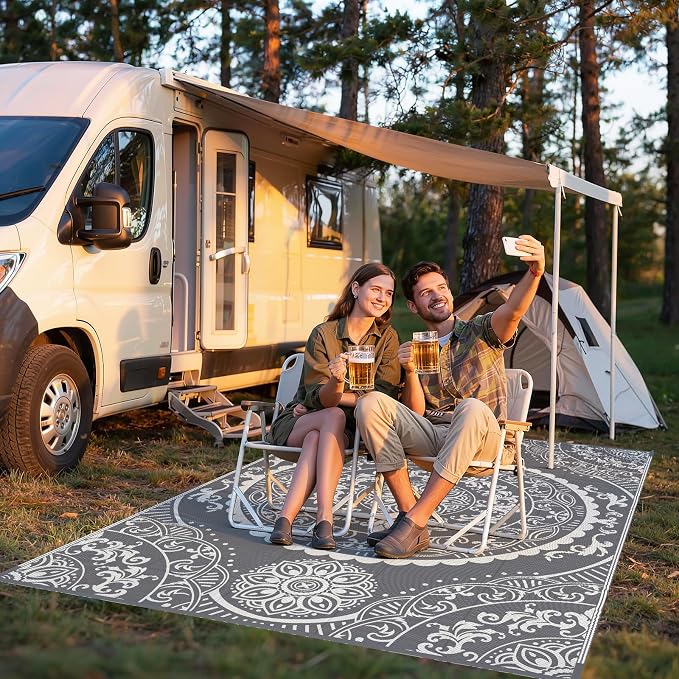 Pauwer Waterproof Outdoor Rug 6x9, Reversible Plastic Straw Patio Camping Rug, Indoor Outdoor RV Mat Carpet for Deck, Camper, Porch, Balcony, Backyard, Picnic, Paisley Grey