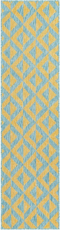 Unique Loom Jill Zarin Outdoor Collection Area Rug - Napa (2' x 8' Runner, Yellow and Aqua/Yellow)