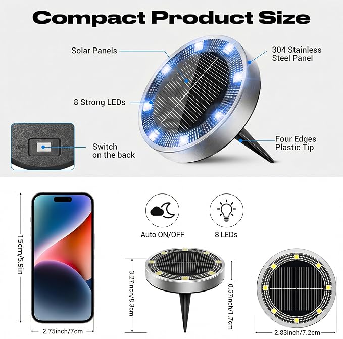 Peasur Mini Solar Ground Lights Outdoor, 4 Pack Flat Solar Powered Disc Lights, IP68 Waterproof, Anti-Rust, Landscape Lighting for Pathway Garden Yard Lawn Walkway Landscape Driveway, Blue