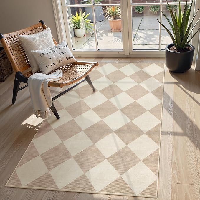 Beeiva Checkered Print 3x5 Washable Area Rug for Bedroom, Non Slip Ultra Thin Beige Entryway Rug Non Shedding Kitchen Rug 3x5, Modern Checkerboard Carpet Plaid Decor for Bathroom Office Nursery
