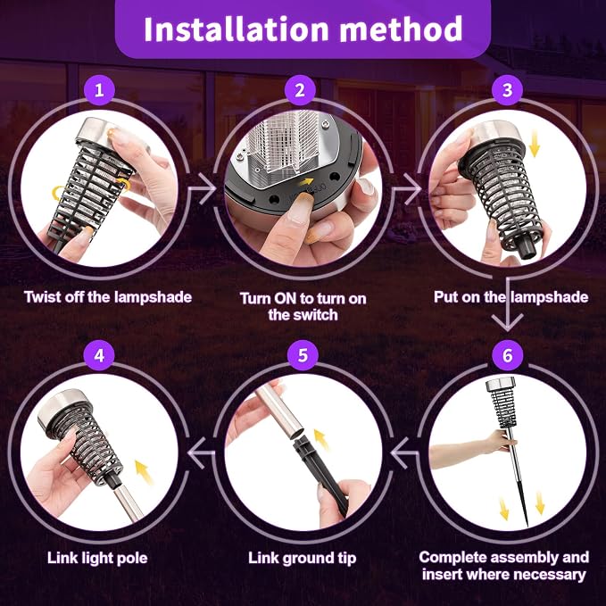 Qualirey 4 Pack Solar Bug Zapper Outdoor Waterproof Mosquito Repellent Killer Bug Zapper Lamp with LED Light for Outdoor Garden Patio Yard (Purple and Flame Light,Silver)