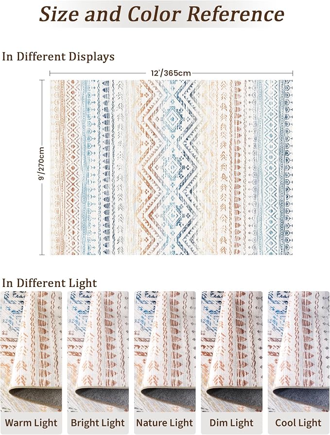 Miukiki 9x12 Area Rug for Living Room, Washable Non Slip Moroccan Rug Multi | Large Soft Rug for Kitchen Bedroom Dining Room Office, Low Pile Indoor Floor Carpet Home Decor 9'x12'