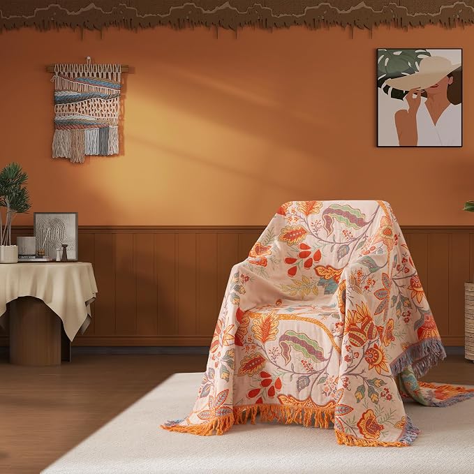 Phuryllic Boho Throw Blanket Full Size, Soft Cozy Cotton Muslin Quilt Blanket for Bed Decor, Floral Patterned Couch Sofa Chair Cover, Vintage Farmhouse Cottage Tapestry Woven Blanket, Coral&Green
