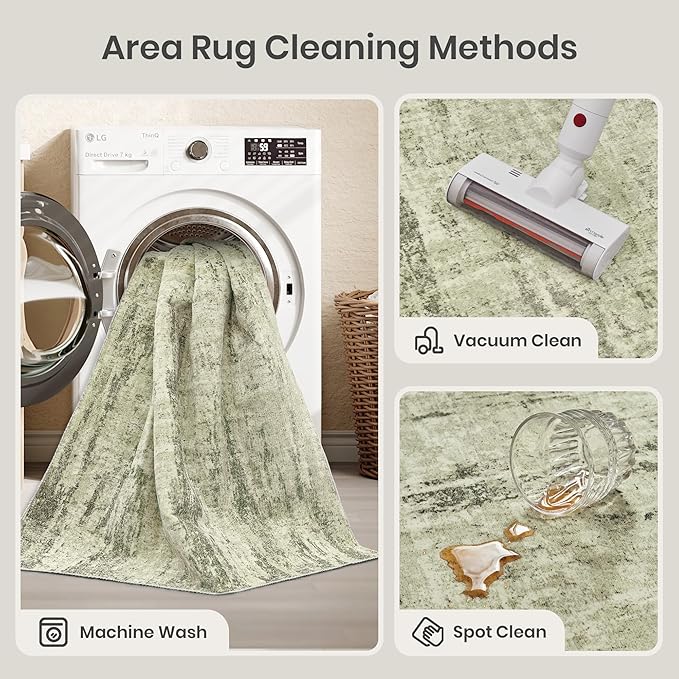 Valenrug 4x6 Area Rug for Entryway, Non Slip Washable Bedroom Rug, Green | Soft & Lighweight, Folable, Stain Resistant Low Pile Thin Indoor Distressed Carpet Rugs for Living Room,Laundry Room,Kitchen