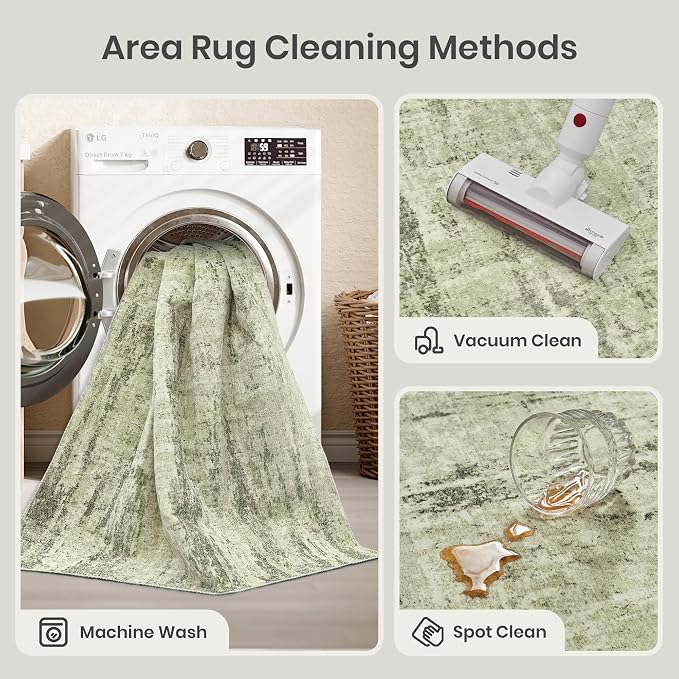 Valenrug Washable Rugs 5x7, Non Slip Large Area Rugs for Living Room, Green | Soft & Lighweight, Folable, Stain Resistant Low Pile Thin Indoor Distressed Carpet Rugs for Bedroom,Laundry Room,Kitchen