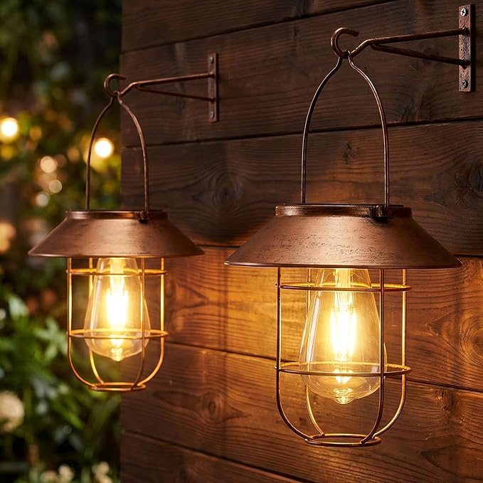 Livinlarge Solar Lanterns Outdoor Waterproof,Hanging Solar Lights for Outside with Wall Hooks Windproof Hook,Retro Metal Outdoor Lanterns Auto On/Off for Porch,Patio,Garden,Yard Decor 2 Pack（Bronze）