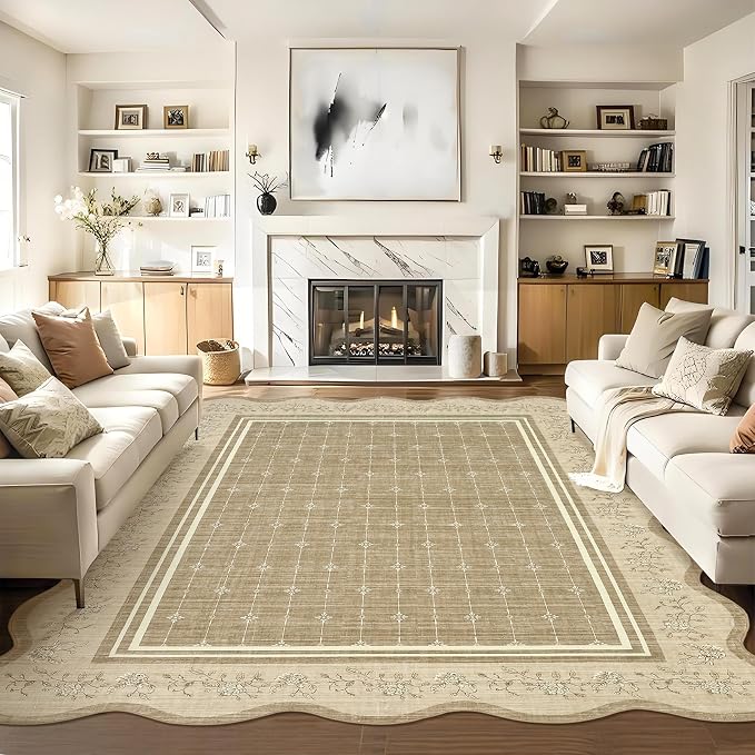 Garvee Scollaped Rugs for Living Room 5x7 Area Rugs for Bedroom Soft Camel | Non-Slip Low Pile Neutral Kids Rug Non-Shedding Bordered Nursery Carpet Foldable Thin Mat for Dining Room Kitchen Playroom