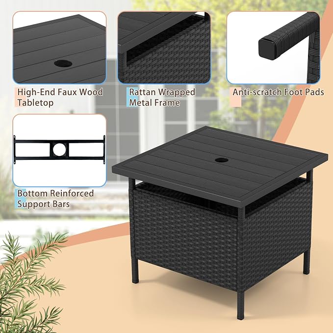 Giantex Umbrella Table, Outdoor Side Table with 2" Umbrella Hole, Rattan Umbrella Stand Holder, Heavy Duty Metal Frame, Patio Bistro Table for Deck Garden Poolside, Black (HDPE Tabletop)