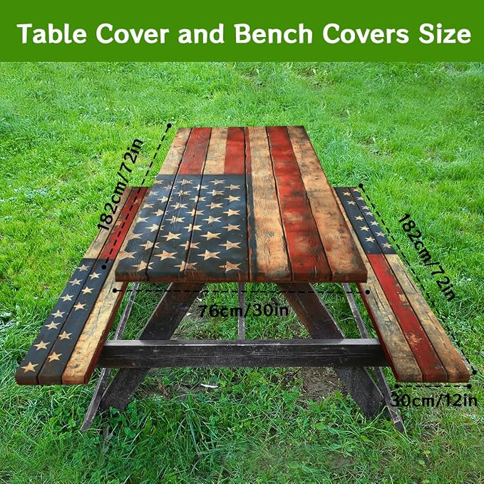 American Flag Picnic Table Cover with Bench Covers and Carrying Bag, Wooden Planks Texture Rectangle Table Cover, Outdoor Patio Camping Essentials 6FT 4PCS, Camping Fitted Tablecloth