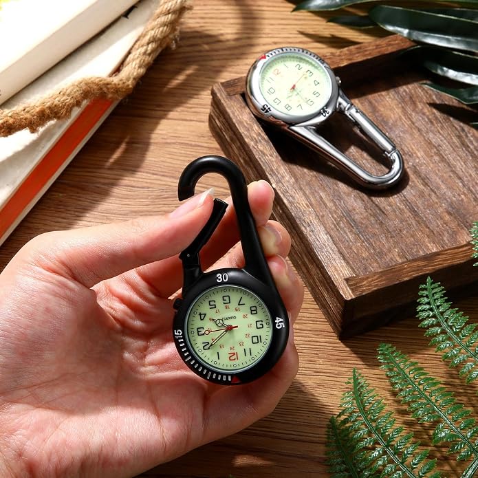 Hicarer 2 Pieces Clip on Quartz Watch Backpack Fob Belt Glow in The Dark Unisex Pocket Watch with White Dial for Doctors Nurses Outdoor Activities