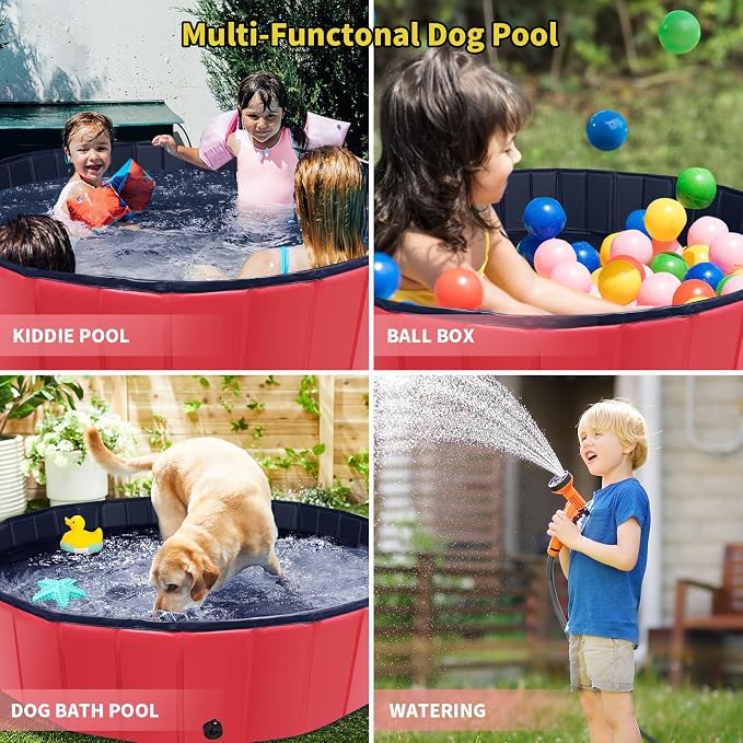 CACSPS Foldable Dog Pool, 55" x 12" Kiddie Pool with Hard Plastic, Non-Slip Dog Bath Tub for Outdoor Backyard, Collapsible Dog Swimming Pool for Kids Dogs Pets (Red)