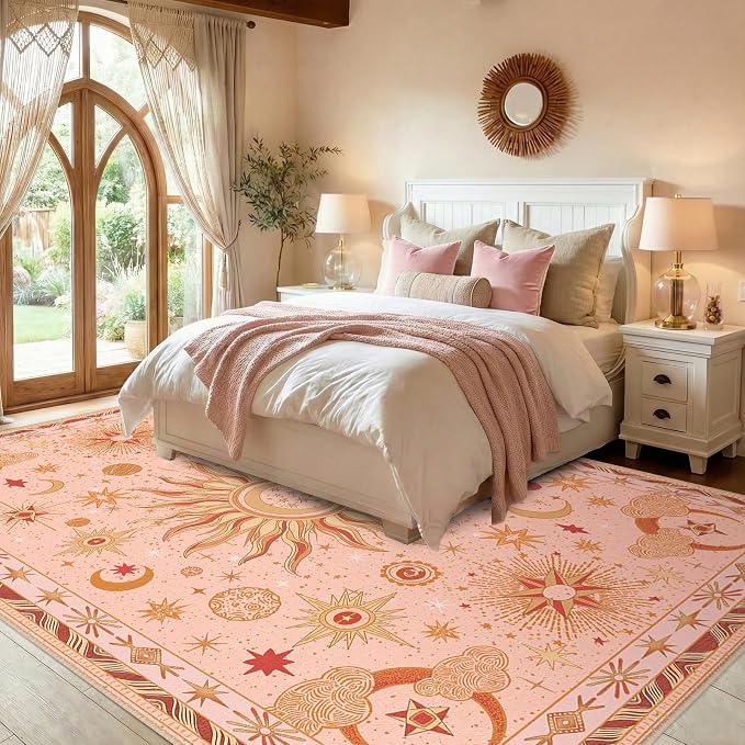 Vacuum-Friendly, 8x10 Washable Area Rug, Pink Gold Beige Red | Sun and Moon Boho Gothic Non-Slip Low Pile Living Roon Bedroom Dining Room Kitchen Entry Entryway Entrance Hallway Doormat