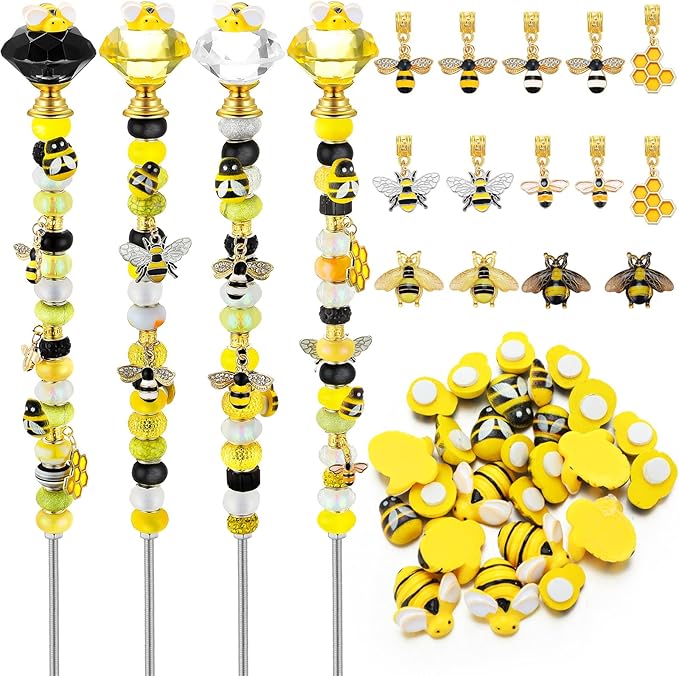 Lineshading 118 Pcs Bee Garden Stakes Fairy Wand DIY Beaded Stakes Garden Decor Includes 4 Crystal Stopper Top 10 Bee Pendant 68 Large Hole Beads 4 Threaded Rods 4 Pcs Nuts, for Craft Supply