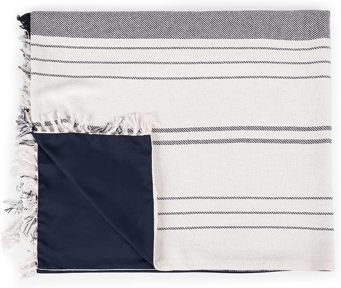 Picnic TIME Montecito Picnic Blanket with Harness, Large 60" x 70" Outdoor Blanket, Woven Cotton Top with Water-Resistant Poly Duck Backing, Sandproof Beach Mat for Camping & Travel (White & Blue)
