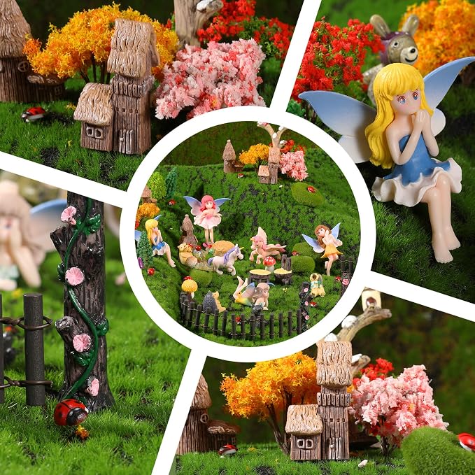 58 Pcs Miniature Garden Set Flower Angel Fairy House Animals Trees Diorama Supplies Fairy Village Mini Terrarium Figurines Micro Landscape Ornaments for DIY Garden Decor Succulent Dollhouse Craft