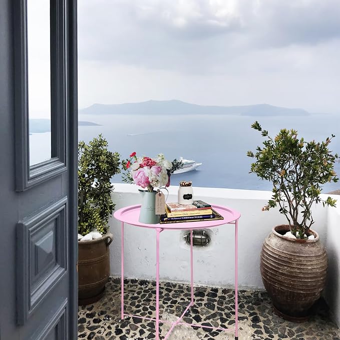 Garden 4 you End Table Metal Side Table Pink Round Folding Tray Cyan Sofa Small Accent Fold-able Table, Round End Table Tray, Next to Sofa Table, Snack Table for Living Room and Bed Room