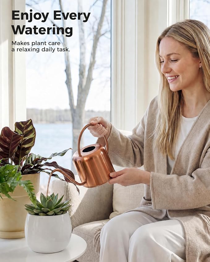 Bamworld Metal Watering Can Indoor Plants 1L 33oz Gold Stainless Steel Watering Can with Long Spout for House Potted Plants Succulents Bonsai Garden Flowers