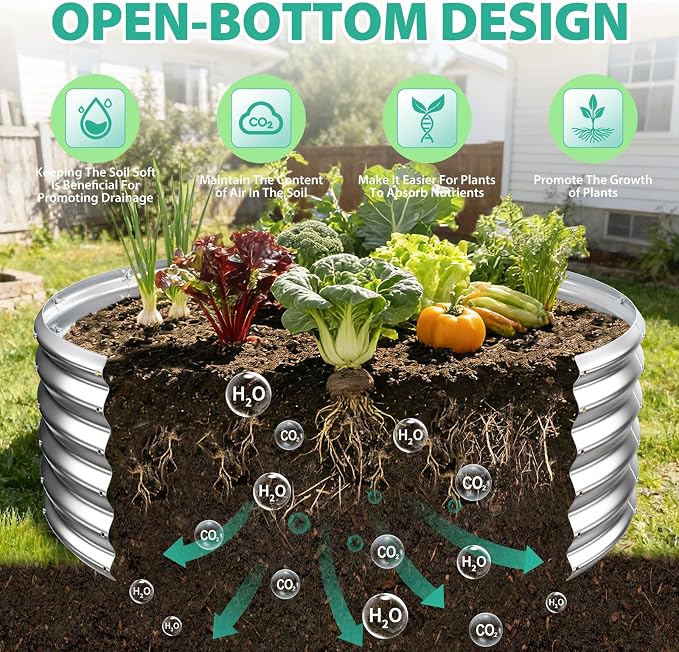 YSEJOMP 17" Tall Round Outdoor Garden Raised Garden Bed Kits-0.8MM Thick Metal Raised Planter Bed/Ground Planter Box for Variety of Flowers,Herbs,Vegetables,Trees (Silver, 48 Dia X 16.5inches)