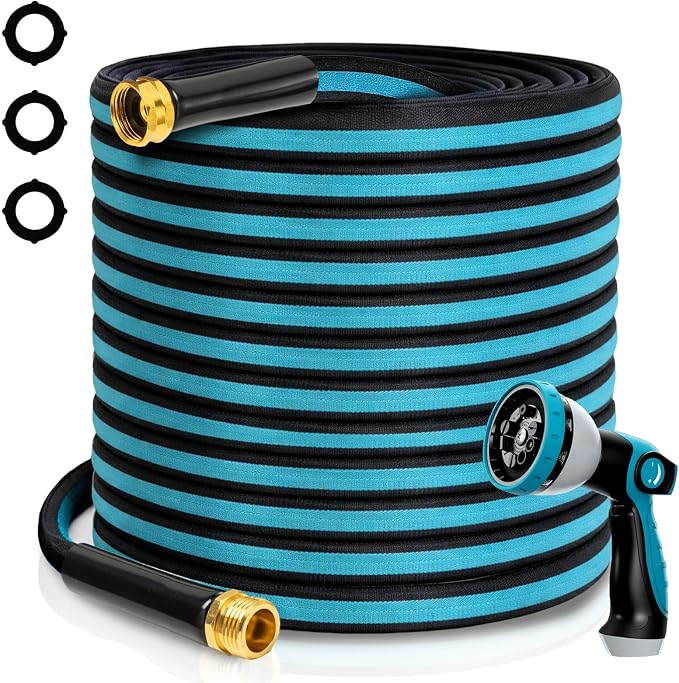 50FT Non-Expandable Garden Hose, Flexible Water Hose with Spray Nozzle, Kink-Resistant, Leakproof 3/4" Brass Connectors, Lightweight & Portable Water Pipe for Yard, Lawn Outdoor
