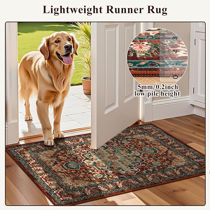 U'Artlines 2' x 7' Boho Hallway Runner Rug, Washable Carpet, Rust＆Teal | Non Slip, Vintage Farmhouse Accent Area Rug Carpet, for Kitchen Entryway Laundry and Living Room