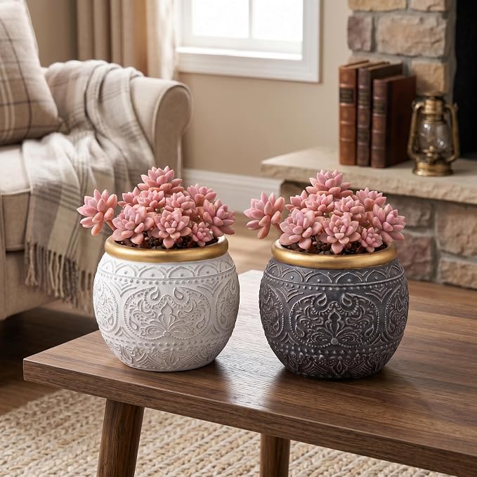 2Pcs 5.9 Inch Cement Planters, Vintage Planter with Gold Rim and Drainage Holes, Decorative Indoor Containers for Succulents, Herbs, Home & Office