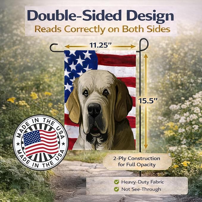 Caroline's Treasures CK6718GF Spanish Mastiff Dog American Flag Garden Flag Mailbox Flag Decorative Yard Flag Banner Outside Patio Artwork Yard Flower Beds, Garden Size, Multicolor