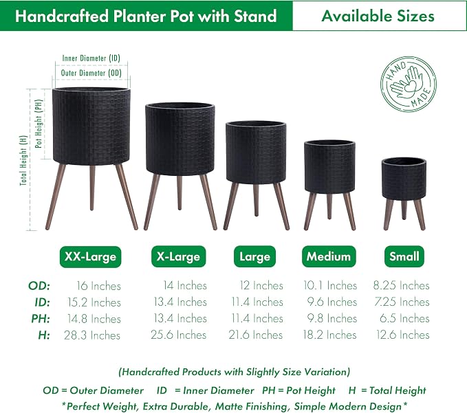 D'vine Dev 10 Inch Modern Geometric Tile Patterned Sleek Planter Pot with Stand, Indoor Outdoor Decorative Plant Holder, Matte Black, 88-Z-B-2