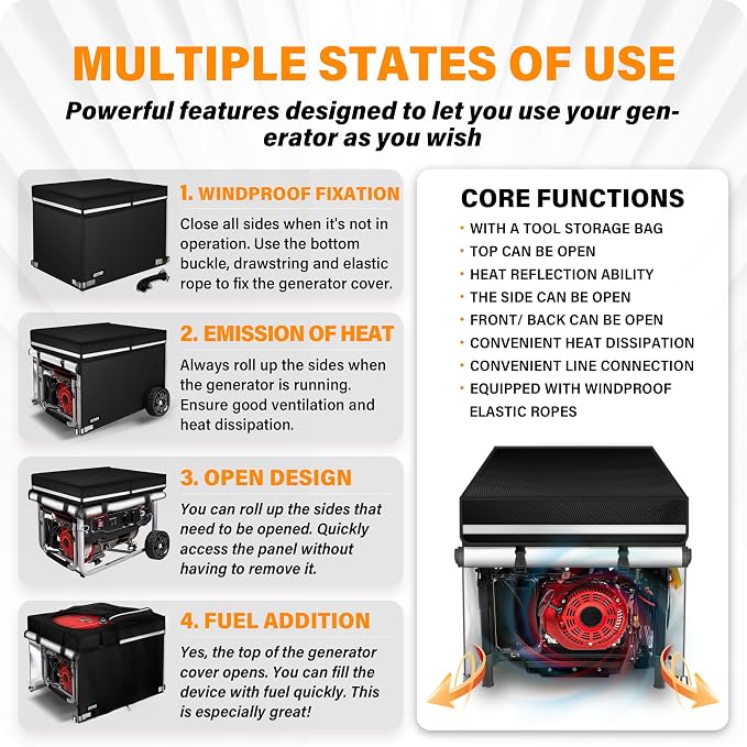Generator Cover. 32x24x24 Inch Generator Covers While Running, Top Can Be Opened for Refueling. All-weather Generator Protective Cover.Black
