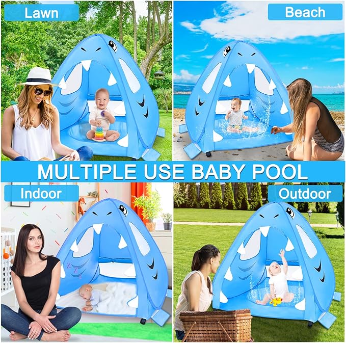 [ Extra High ] Shark Baby Beach Tent with Pool for Toddler Aged 3-60 Months | Pop Up Kiddie Pool Tents Baby Beach Essentials UPF 50+ UV Protection 4 Sand Pockets 3 Mesh Sun Beach Shade Tent for Kids