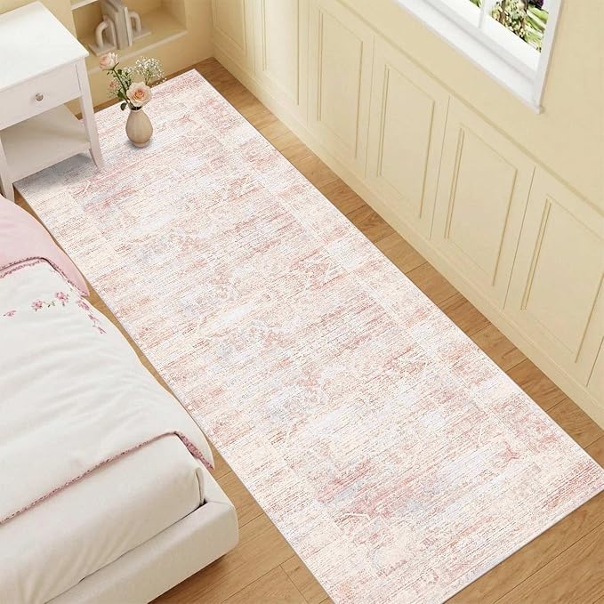 Latte&Fog Washable Hallway 2.6x8 Runner Pink Rug for Kitchen Non Slip | Low Pile Soft Cute Throw Rug Doormat for Entrance Bathroom Laundry Bedside Bedroom Nursery Playroom Hallyway Dorm Office