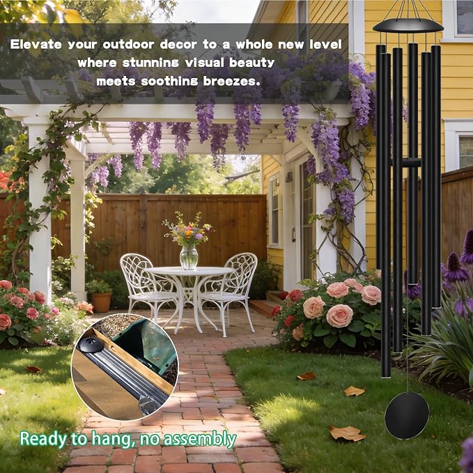66" Extra Large Wind Chimes for Outside Deep Tone, Deep Soulful 6 Tube Aluminum Windchimes with Healing, Breezy Melodies, Rustproof Black Finish Heartfelt Gift for Mom's Patio Garden