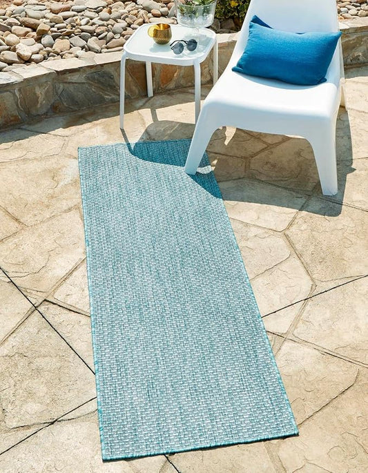 Unique Loom Collection Casual Transitional Solid Heathered Indoor/Outdoor Flatweave Area Rug (2' x 8' Runner, Aquamarine/Ivory)