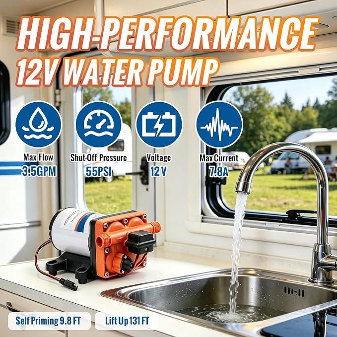 YOUNGTREE 12V RV Water Pump Quiet 3.5GPM 55PSI 12V DC Fresh Water Pressure Pump On Demand Replace#4008-101-A65/E65 with Pressure Switch for RV Camper Rain Barrel Boat Shower Garden Food Truck