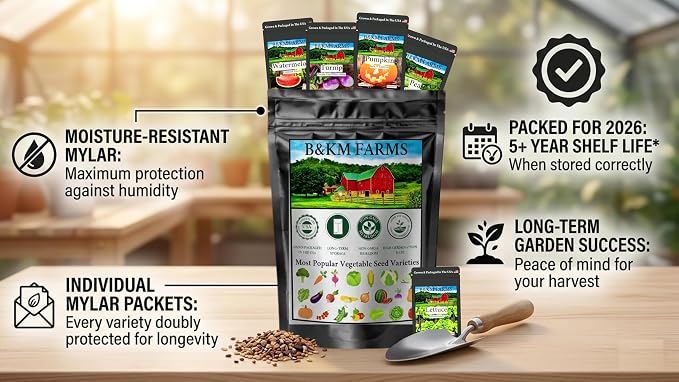 20 Vegetable Seeds Variety Pack 10,000+ Count - Essential Heirloom Garden Seeds for Planting: Non-GMO, Grown in USA; Moisture-Proof Mylar Storage, High Germination Survival Seeds for Beginners