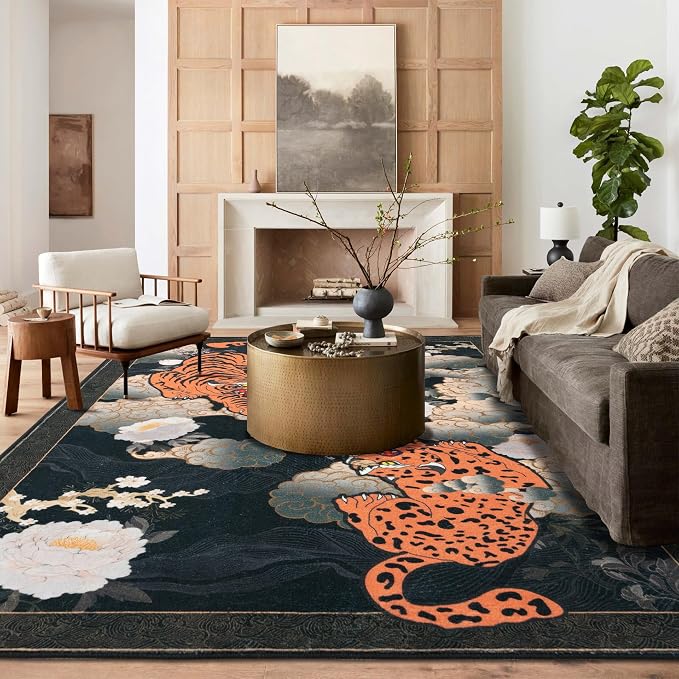 Tiger 8x10 ft Area Rug, Japanese Washable Rugs for Living Room, Large Soft Non Slip Ultra Thin Stain Resistant Floor Carpet for Home Office Bedroom, Black