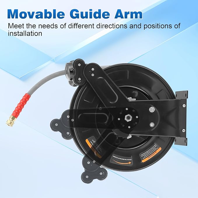 FIXFANS Pressure Washer Hose Reel with Hose for Hot and Cold Water, 3/8" X 50 FT Steel Auto-Retractable High Power Wash Hose Reel, Heavy Duty Hose Reel - Wire Braided Hose 4000 PSI, Black