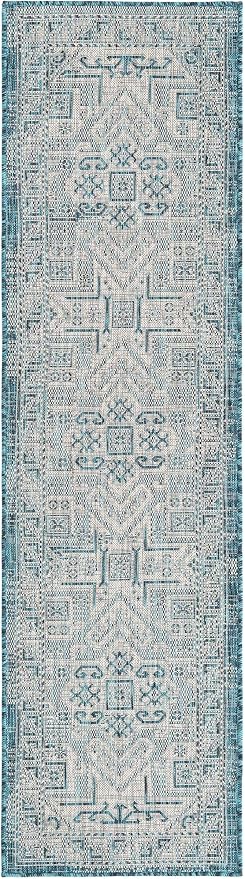 Unique Loom Outdoor Aztec Collection Area Rug - Coba (2' x 7' 10" Runner, Teal/ Ivory)