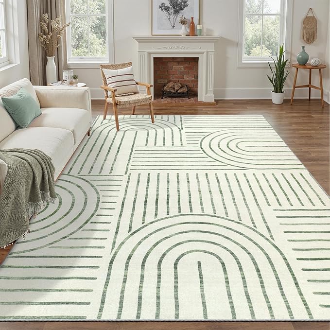 DCX Abstract Washable 4x6 Rug, Non Slip Low Pile Rug, Green | Rugs for living room, bedroom, dining room, office, soft, mid century modern rug, sain resistant indoor carpet, home decor
