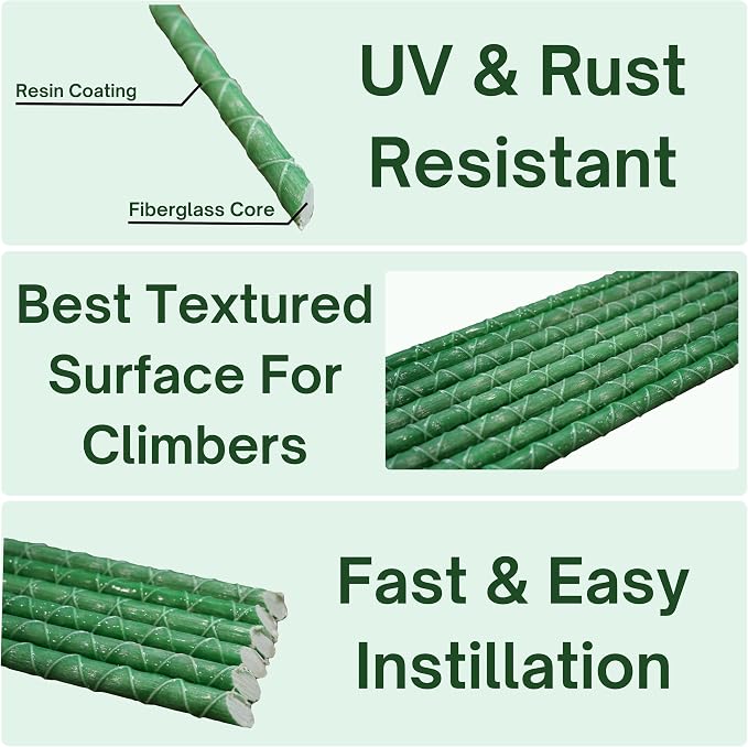 6 Ft Fiberglass Eco Friendly Garden Stakes 100 Pack (Height/Quantity Options) – Durable, Lightweight, Tomato, Tree, Strawberry, Plant, Support Fencing Stakes with Patterned Surface, Green (100, 6 Ft)