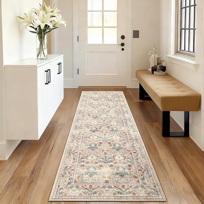 GarveeHome Washable Runner Rug 2x6, Non Slip Floral Kitchen Runner for Hallway Entryway Beige Laundry Bathroom Mat Farmhouse Thin Stain Resistant Carpet for Bedroom Beside Rug