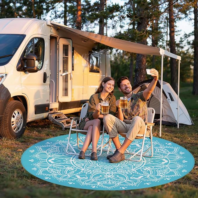 Pauwer Waterproof Outdoor Rug 8ft, Reversible Plastic Straw Patio Camping Rug, Indoor Outdoor RV Mat Carpet for Deck, Camper, Porch, Balcony, Backyard, Picnic, Floral Teal