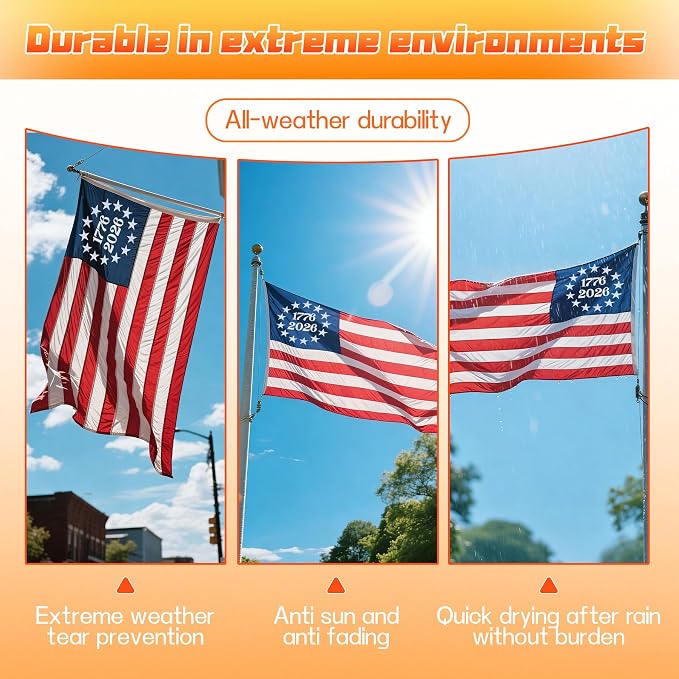 1776-2026 USA Anniversary Flag for Outside, Heavy Duty 1776 Style US Flag with Embroidered Stars, Sewn Stripes, 4-Row Reinforced Stitching, Waterproof Windproof Fade Resistant UV Protected All Weather Patriotic Outdoor USA Flag